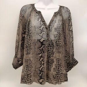 Banana Republic Women's Sheer Croc Print Blouse 3/4 Sleeve-Brown/Black Tone-Sz L